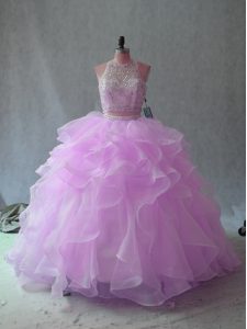 Floor Length Lilac Quince Ball Gowns Halter Top Sleeveless Backless