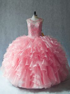 Nice Pink Scoop Lace Up Beading and Ruffles Ball Gown Prom Dress Sleeveless