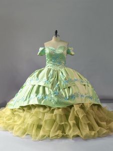 Yellow Green Off The Shoulder Neckline Embroidery and Ruffles Ball Gown Prom Dress Sleeveless Lace Up