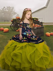 Affordable Olive Green Ball Gowns Straps Sleeveless Organza Floor Length Lace Up Embroidery and Ruffles Little Girl Pageant Gowns
