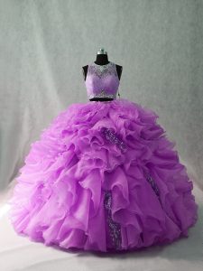 Beading and Ruffles Ball Gown Prom Dress Lilac Zipper Sleeveless Brush Train