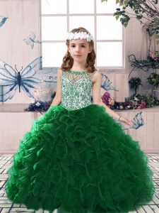 Dazzling Scoop Sleeveless Organza Child Pageant Dress Beading and Ruffles Lace Up