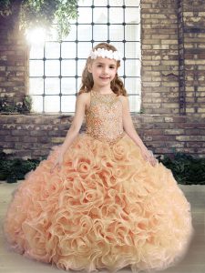 Scoop Sleeveless Winning Pageant Gowns Floor Length Beading Peach