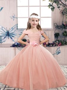 Graceful Peach Tulle Lace Up Child Pageant Dress Sleeveless Floor Length Lace and Belt