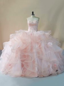 Sleeveless Brush Train Beading and Ruffles and Hand Made Flower Lace Up Quinceanera Gowns