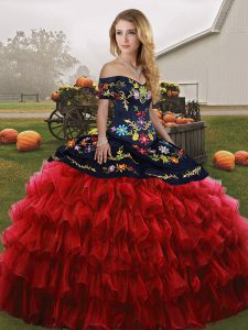 Embroidery and Ruffled Layers Quinceanera Dress Red And Black Lace Up Sleeveless Floor Length