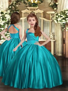 Teal Child Pageant Dress Party and Wedding Party with Ruching Straps Sleeveless Lace Up