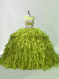 Flare Olive Green Organza Zipper Sweet 16 Quinceanera Dress Sleeveless Brush Train Beading and Ruffles