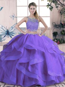 Perfect Purple Lace Up Scoop Beading and Ruffles Quince Ball Gowns Tulle Sleeveless