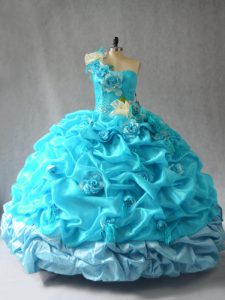Sleeveless Organza Floor Length Lace Up Quinceanera Gown in Aqua Blue with Pick Ups and Hand Made Flower