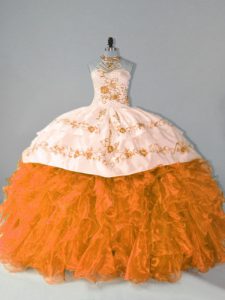 Sweet Orange Lace Up Quinceanera Dress Embroidery and Ruffles Sleeveless Floor Length Court Train