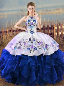 Blue And White Lace Up Halter Top Embroidery and Ruffles Quince Ball Gowns Organza Sleeveless