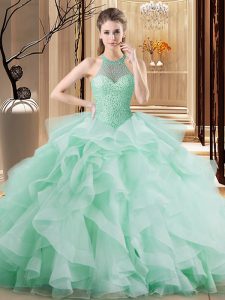 Low Price Sleeveless Brush Train Lace Up Beading and Ruffles Quince Ball Gowns
