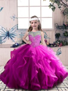 Fuchsia Lace Up Little Girls Pageant Gowns Beading and Ruffles Sleeveless Floor Length