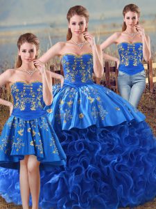 Best Selling Sweetheart Sleeveless Quince Ball Gowns Floor Length Embroidery and Ruffles Royal Blue Fabric With Rolling Flowers