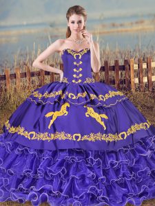 New Arrival Sleeveless Organza Brush Train Lace Up Quinceanera Gowns in Purple with Embroidery and Ruffled Layers