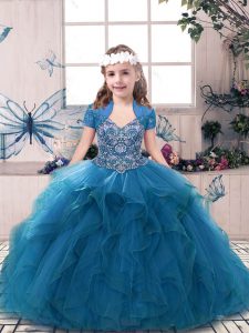 Pretty Blue Lace Up Little Girl Pageant Dress Beading and Ruffles Sleeveless Floor Length