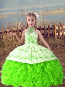 Organza Lace Up Halter Top Sleeveless Floor Length Child Pageant Dress Beading and Embroidery and Ruffles