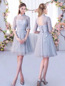 Lace Quinceanera Dama Dress Grey Lace Up Half Sleeves Mini Length