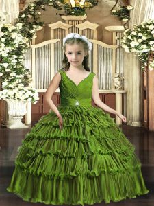 V-neck Sleeveless Backless Little Girls Pageant Gowns Olive Green