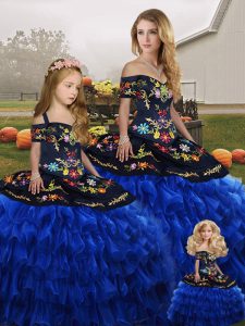 Artistic Off The Shoulder Sleeveless Organza Quinceanera Gown Embroidery and Ruffled Layers Lace Up
