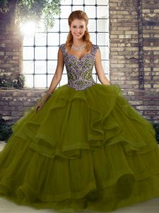 Inexpensive Olive Green Lace Up Straps Beading and Ruffles Vestidos de Quinceanera Tulle Sleeveless