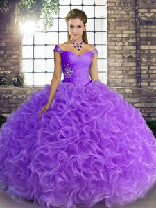 Glamorous Lavender Fabric With Rolling Flowers Lace Up 15th Birthday Dress Sleeveless Floor Length Beading