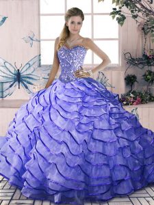Cheap Lavender Sweetheart Lace Up Beading and Ruffled Layers 15 Quinceanera Dress Brush Train Sleeveless