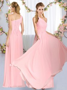 Empire Dama Dress for Quinceanera Baby Pink One Shoulder Chiffon Sleeveless Floor Length Lace Up