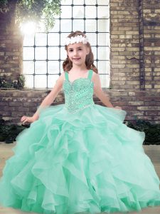 Apple Green Tulle Lace Up Little Girls Pageant Gowns Sleeveless Floor Length Beading and Ruffles