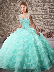 Fancy Aqua Blue Sleeveless Organza Court Train Lace Up Vestidos de Quinceanera for Sweet 16 and Quinceanera