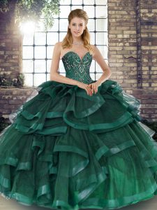 High Quality Peacock Green Sleeveless Tulle Lace Up Sweet 16 Dresses for Military Ball and Sweet 16 and Quinceanera