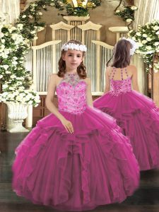 Super Sleeveless Tulle Floor Length Lace Up Kids Pageant Dress in Fuchsia with Beading and Ruffles