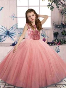Watermelon Red Ball Gowns Tulle Scoop Sleeveless Beading Floor Length Lace Up Kids Pageant Dress