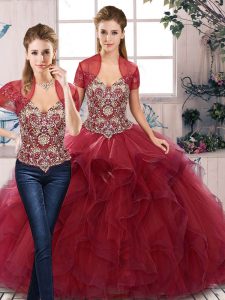 Burgundy Off The Shoulder Lace Up Beading and Ruffles Quinceanera Gowns Sleeveless