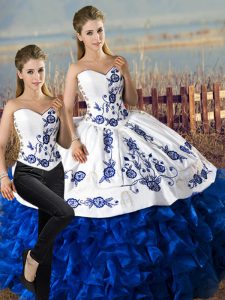 Attractive Blue And White Satin and Organza Lace Up Sweetheart Sleeveless Floor Length Quinceanera Gowns Embroidery and Ruffles