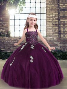 Glorious Floor Length Eggplant Purple Pageant Gowns For Girls Straps Sleeveless Lace Up