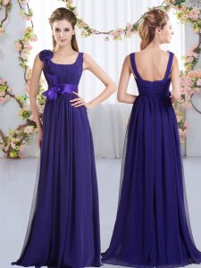 Graceful Purple Quinceanera Court of Honor Dress Wedding Party with Belt and Hand Made Flower Straps Sleeveless Zipper