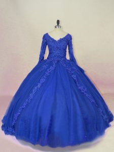 Ideal Royal Blue Lace Up V-neck Lace and Appliques Sweet 16 Quinceanera Dress Tulle Long Sleeves