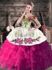 Best Ball Gowns 15th Birthday Dress Fuchsia Off The Shoulder Satin Sleeveless Floor Length Lace Up