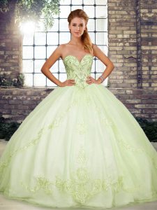 Tulle Sweetheart Sleeveless Lace Up Beading and Embroidery Quince Ball Gowns in Yellow Green