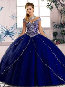 Fabulous Sweetheart Cap Sleeves Tulle Quinceanera Dresses Beading Brush Train Lace Up