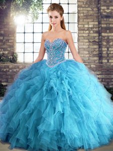 Great Aqua Blue Lace Up Sweetheart Beading and Ruffles 15 Quinceanera Dress Tulle Sleeveless