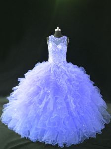 Edgy Lavender Lace Up Quince Ball Gowns Beading and Ruffles Sleeveless Floor Length