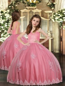 Watermelon Red Tulle Lace Up Straps Sleeveless Floor Length Pageant Dress for Girls Appliques