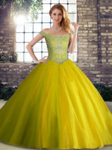 Sleeveless Tulle Brush Train Lace Up Quinceanera Dresses in Yellow Green with Beading