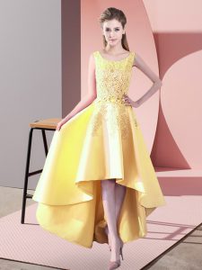 Dazzling Yellow Satin Zipper Scoop Sleeveless High Low Vestidos de Damas Lace