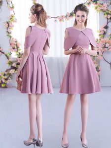 Fantastic Pink A-line Chiffon Scoop Half Sleeves Ruching Mini Length Zipper Quinceanera Dama Dress