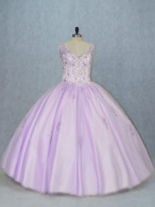 Lavender Tulle Lace Up Quinceanera Gowns Sleeveless Floor Length Beading