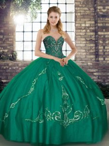 Turquoise Ball Gowns Beading and Embroidery Quinceanera Dresses Lace Up Tulle Sleeveless Floor Length